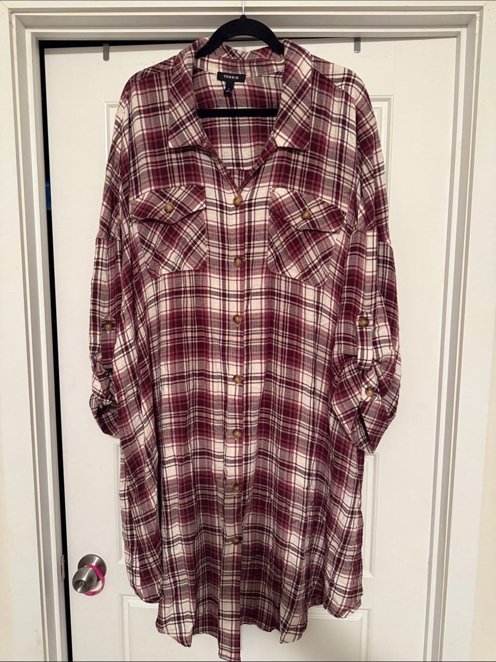 Torrid Plaid Button-Front Tunic Shirt Dress - Burgundy/White